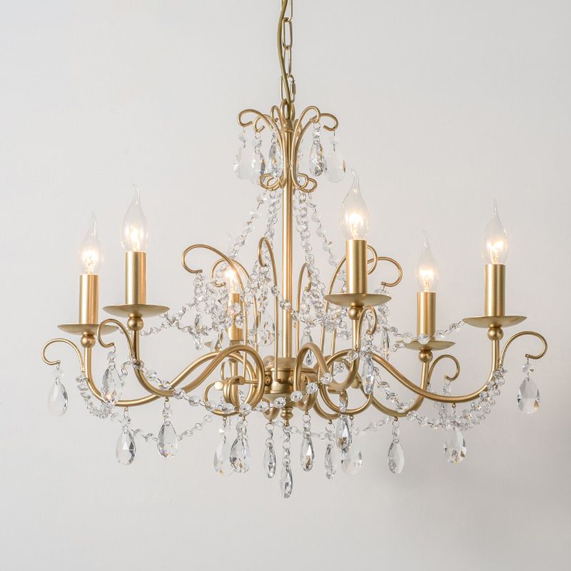 Frosted Gold French Style Chandelier Light with Candlestick Metal Multi Light Pendant with Clear Crystal