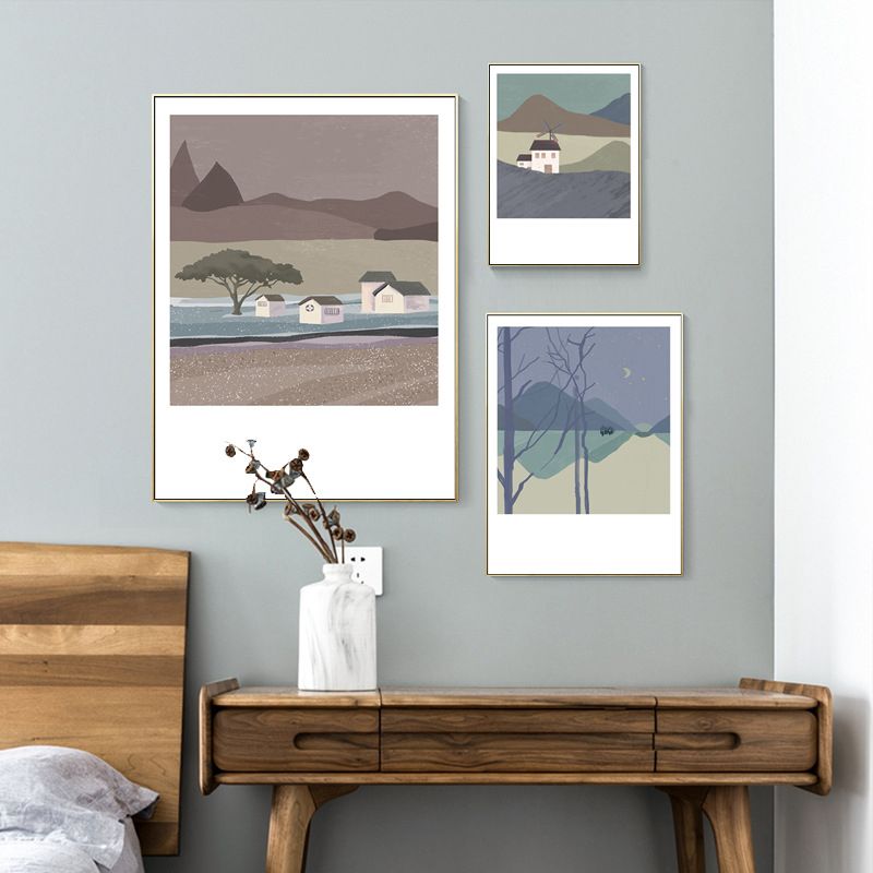 Illustration Farmhouse Canvas Wall Art with Night Village Scenery Drawing in Dark Color