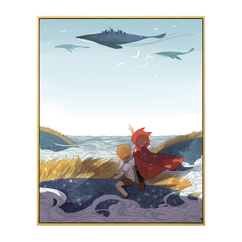 Fantasy Flying Whale Wall Art Cartoon Canvas Print Wall Decor in Blue for Nursery