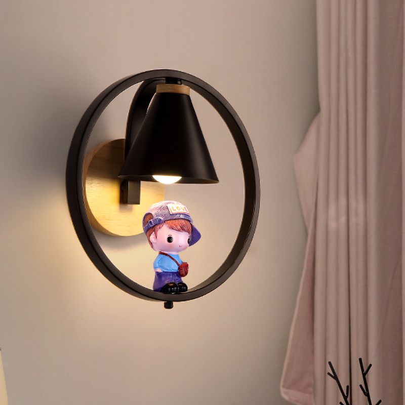 Cone Shade Wall Lighting Nordic Metal 1 Light Black/White Finish Wall Mount Lamp with Boy Deco
