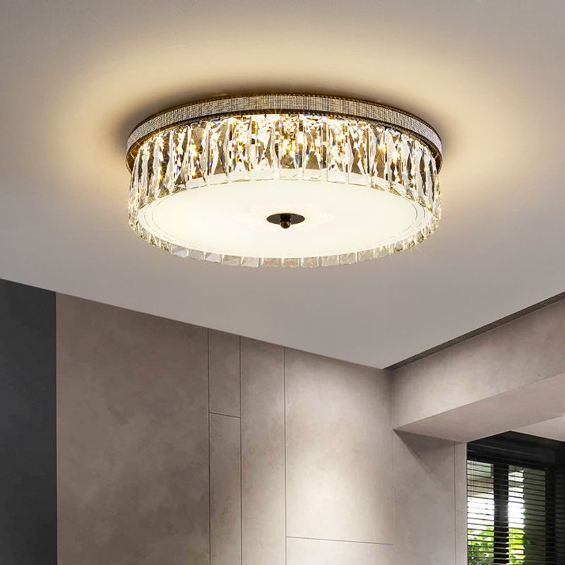 Gold Cylindrical LED Ceiling Light in Modern Luxury Style Crystal Indoor Flush Mount with Glass Shade