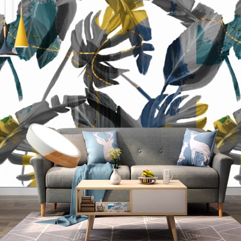 Grey and Yellow Wall Covering with Banana Leaf Pattern Stain-Resistant Mural for Gallery