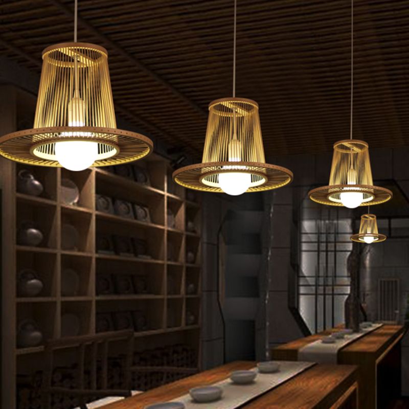 Bamboo Wide Flare Pendant Lighting Chinese 1 Bulb Hanging Light Fixture in Wood for Bedroom
