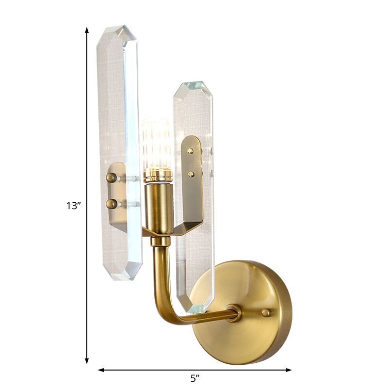 LED Living Room Sconce Light with Block Crystal Shade Postmodern Brass Wall Mounted Lamp