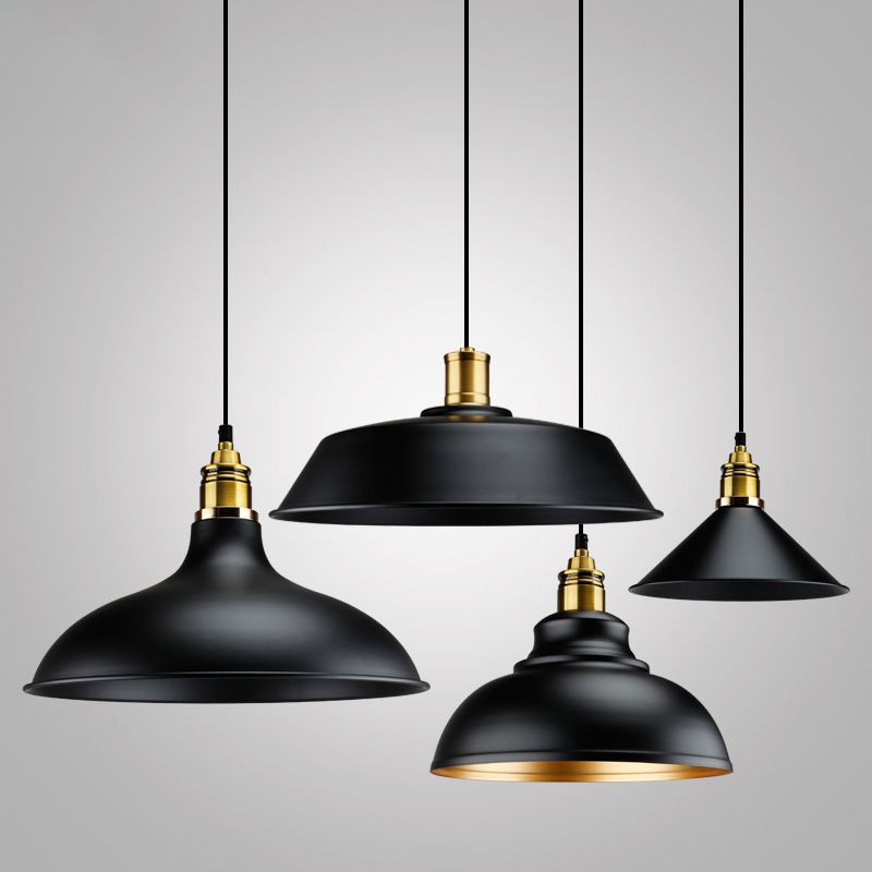 Metal Black Finish Drop Pendant Geometric Shade Single-Bulb Industrial Hanging Light