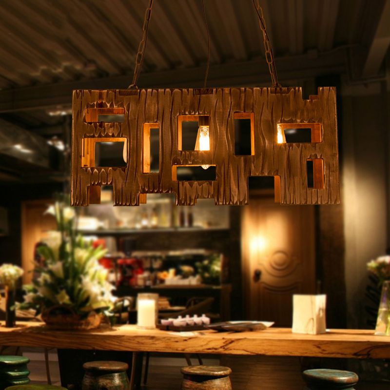 Rectangle Restaurant Island Chandelier Light Wood 2/3 Bulbs Countryside Pendant Lamp with Hollow Out Design in Brown