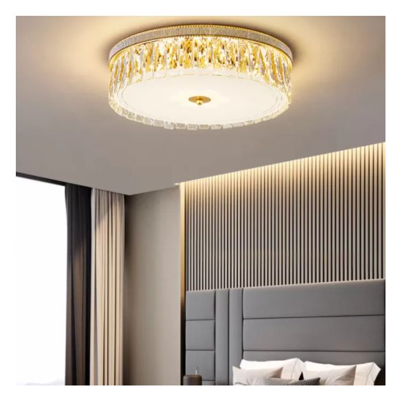 Gold Cylindrical LED Ceiling Light in Modern Luxury Style Crystal Indoor Flush Mount with Glass Shade