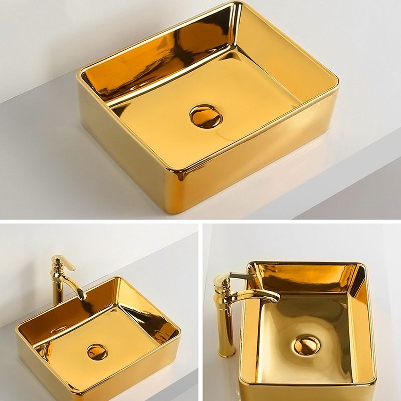 Modern Bathroom Sink Metal Rectangular with Pop-Up Drain and Faucet Vessel Bathroom Sink