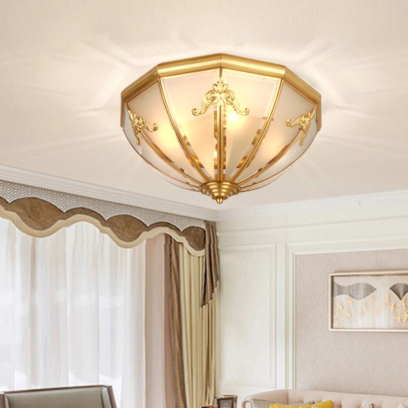 Frosted Glass Brass Ceiling Lamp Bowl Shaped Classic Flush Mount Light for Bedroom