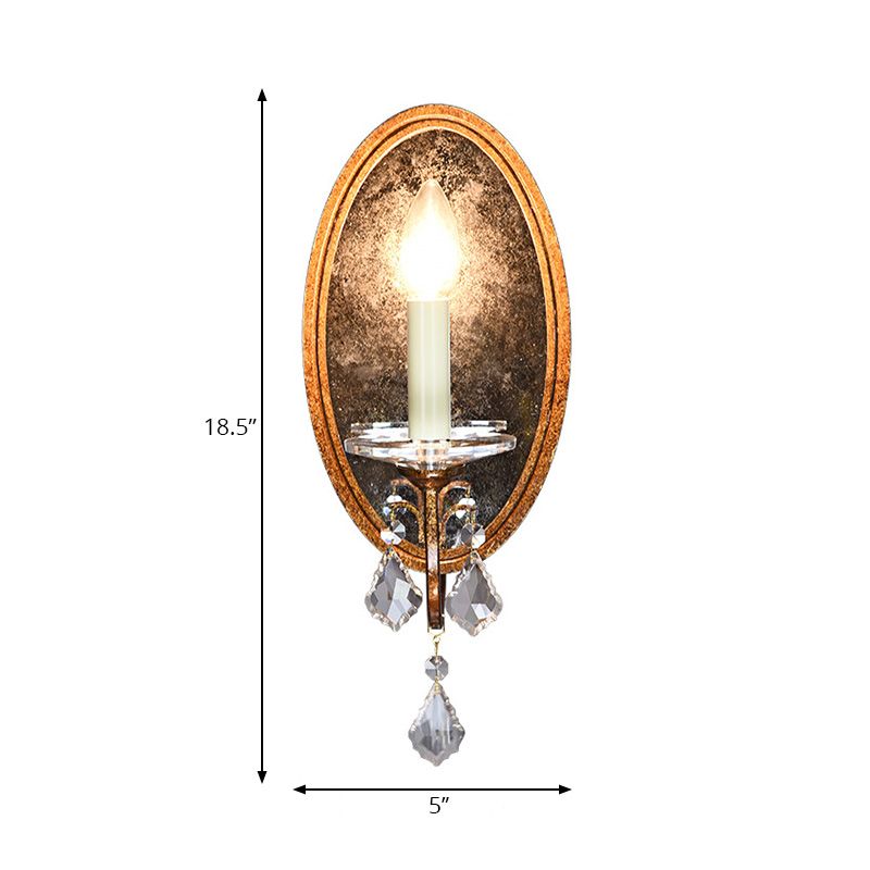 Open Bulb Wall Sconce French Country Clear Crystal 1 Head Antique Brass Wall Lighting with Oval Backplate