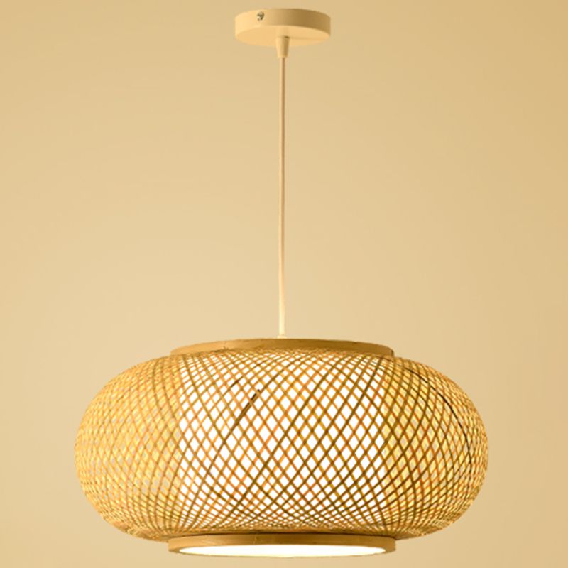 Bamboo & Rattan Weaving Drum Suspended Light Asian Style 1 Light Accent Pendant Lamp in Beige