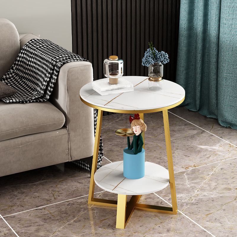 Round Slate Top Side Table 23.6" Tall Iron Cross Legs End Table with Shelf