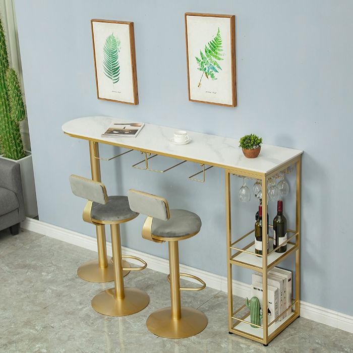 Glam White Stone Bar Dining Table Gold Iron Double Pedestal Bistro Table with Shelve