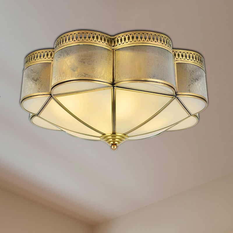 Curved Frosted Glass Brass Ceiling Flush Scallop 2 Heads Colonialist Flush Mount Lamp for Bedroom
