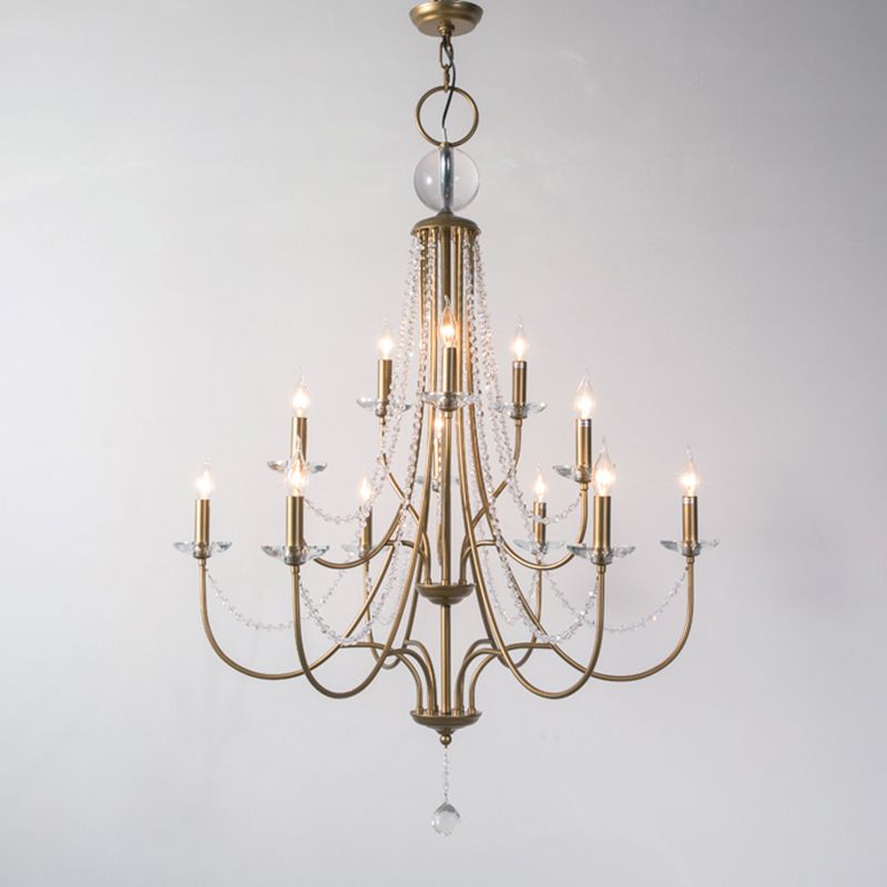 Country Style Candlestick Chandelier Metallic Hanging Light Kit with Crystal Strand