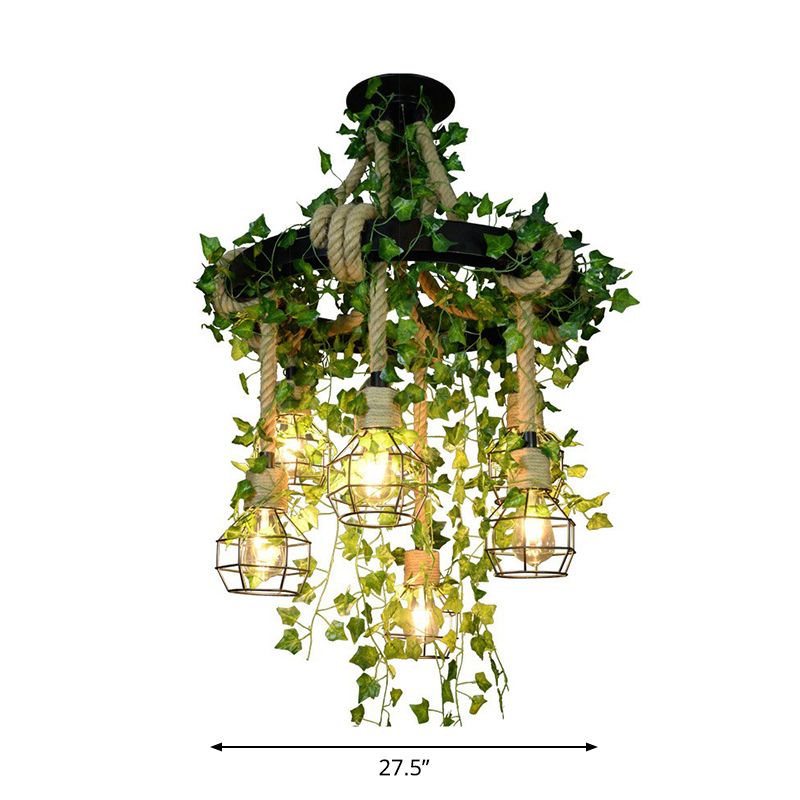 Luz colgante de café de la jaula de alambre de hierro con cuerda de cáñamo y planta falsa