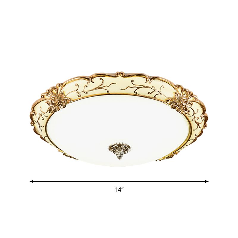 Plafonnier LED en verre opale à bordure florale, style vintage, pour chambre à coucher, 14/16/19,5 pouces de large, en laiton