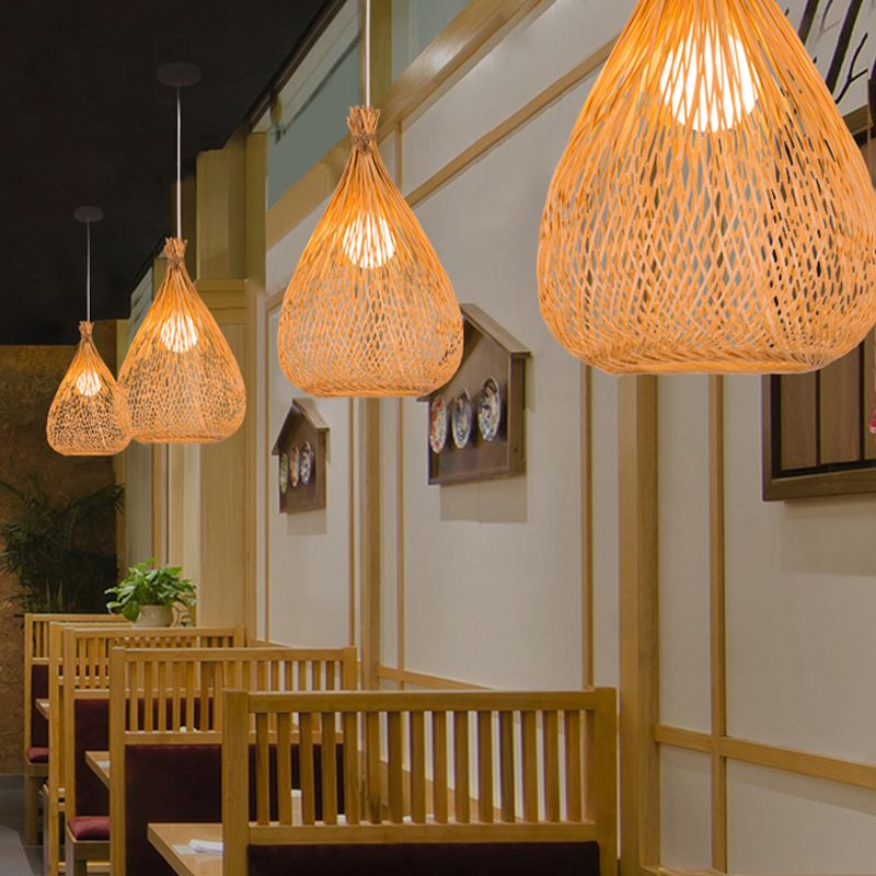 Beige Teardrop Shade Down Lighting Japanese Single Light Hand-Woven Bamboo Pendant Light for Restaurant