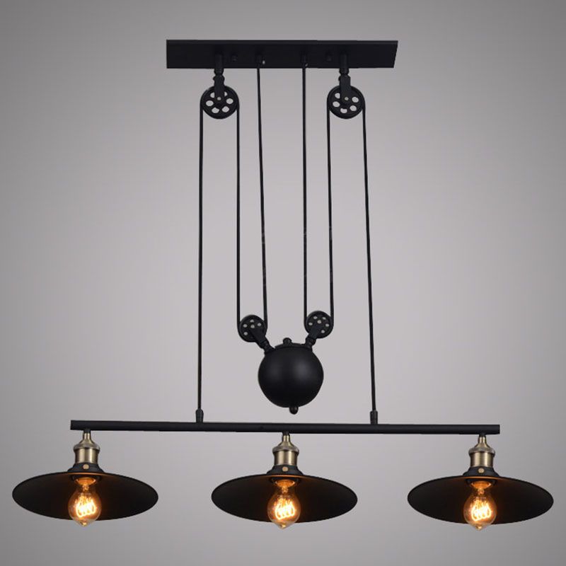 3 Lights Pulley Pendant Industrial Metal Black Hanging Island Light with Flared Shade