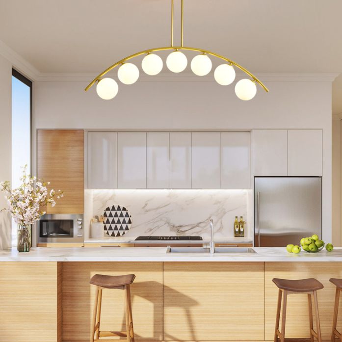 Mid-Century Modern Gold Metal Island Pendant Lighting Spherical Glass Island Ceiling Light for Dining Table