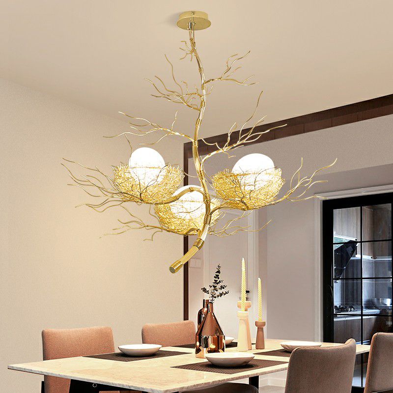 Artistry Nest Shaped Pendant Light Aluminum 3 Heads Dining Room Chandelier Light Fixture in Beige