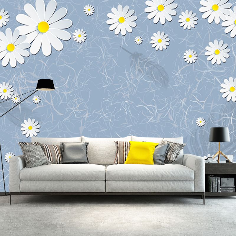 Illustration Daisy Flower Wallpaper Mural for Bedroom Decor, Blue-Yellow-White, Custom Print