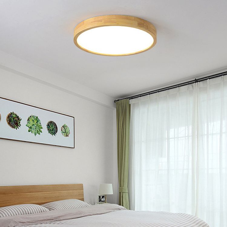 Circle Flush-Mount Light Fixture Modern Style Wooden LED Bedroom Flush Ceiling Light Fixture in Wood