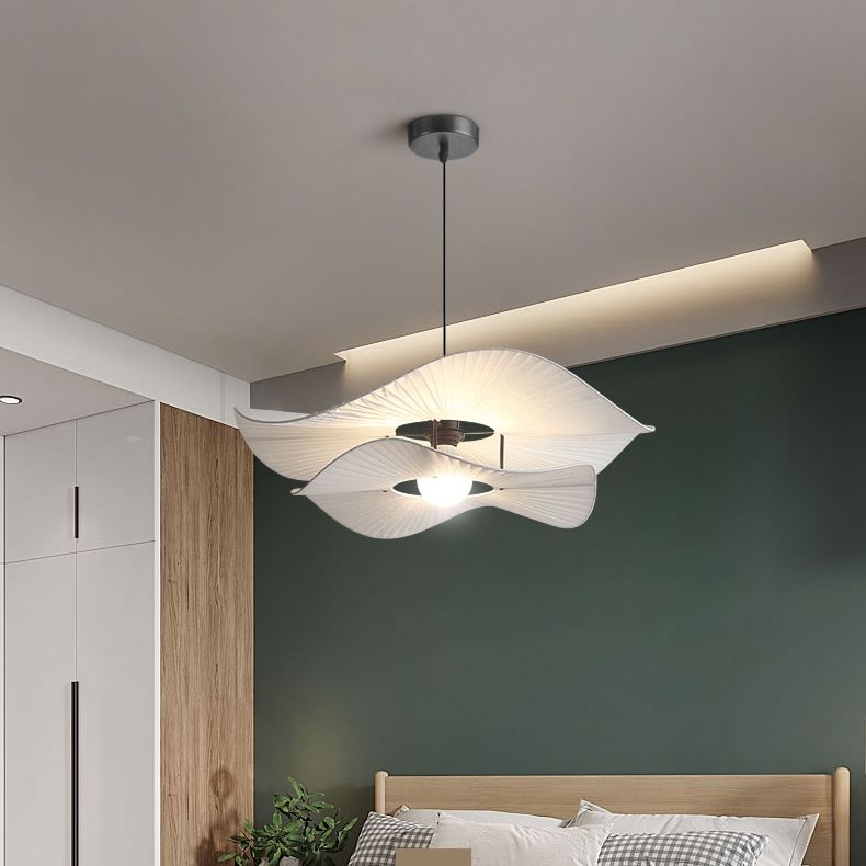 White Ruffled Suspension Lamp Minimalism 1 Bulb Fabric Pendant Light Fixture for Bedroom