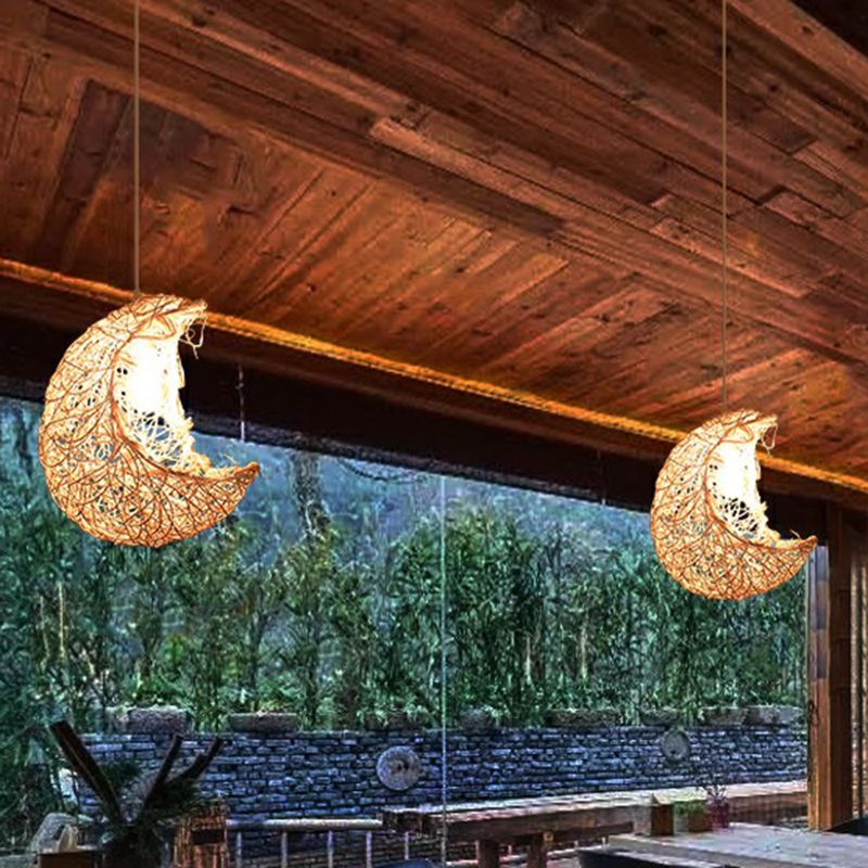 Crescent Shaped Rattan Pendant Light Modern 1 Head Wood Hanging Light for Restaurant