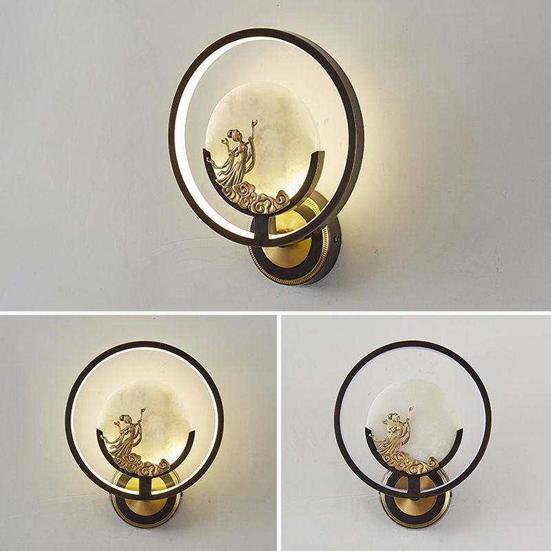 New Chinese Style Jade Wall Light Circle Shape Wall Lamp with Acrylic Shade for Bedroom