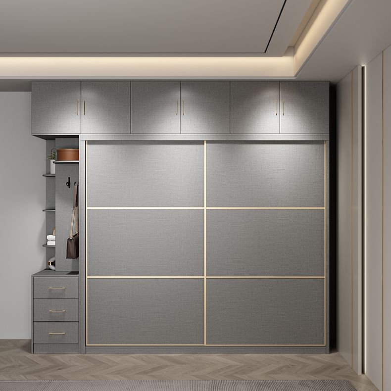 Contemporary Style Gray Colour Wardrobe Wooden Cloth Rod Included Wardrobe Closet