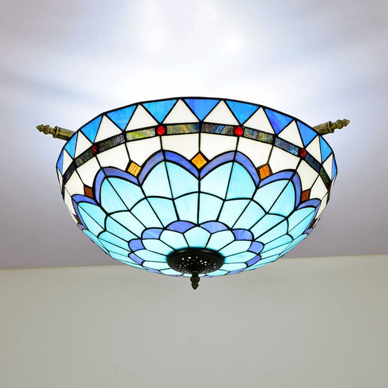 Baroque Dome Semi Flush Mount Lighting 5 Bulbs Handcrafted Stained Glass Close to Ceiling Lamp in White/Blue, 21.5"/25.5" W