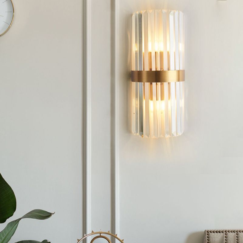 Crystal Half-Cylinder Shape Wall Sconce Modern Style 2 Lights Wall Light Fixture in Gold