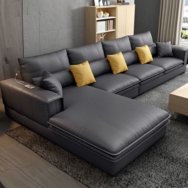 Dark Gray Contemporary Sectional with Recessed Arm and Pillowed Back Cushions