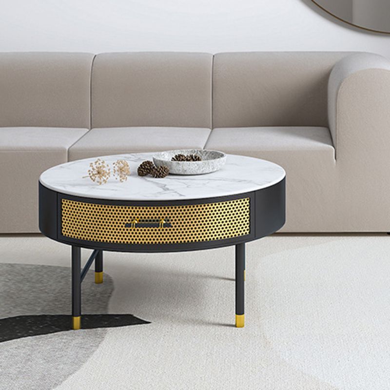 Luxurious Slate Round Top Coffee Table Set with Storage Drawer