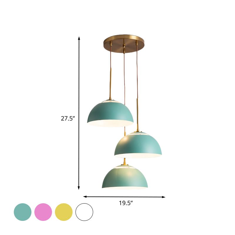 3 Lights Dining Room Cluster Pendant Macaron White/Pink/Green Finish Down Lighting with Dome Iron Shade