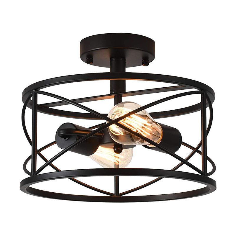 Wooden Black Ceiling Light in Industrial Vintage Style Wrought Iron Geometric Semi Flush Mount