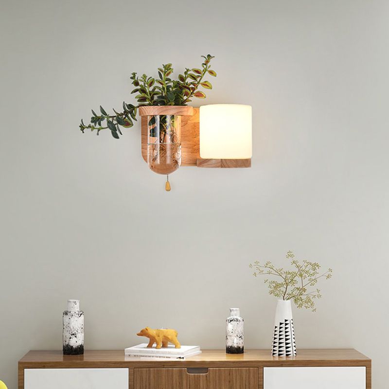 Japanese Style Wooden Wall Lamp Geometry Wall Light for Bedroom (Flowerpot Not Included)