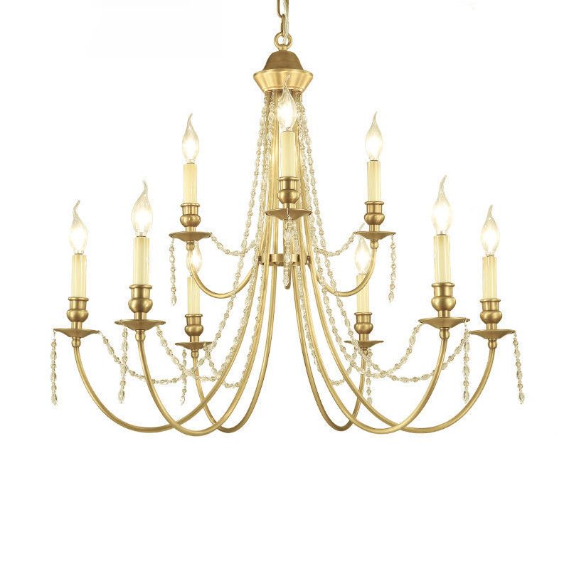 Candlestick Styling Living Room Large Chandelier Retro Rustic Style Crystal Suspension Lighting Fixture in Gold