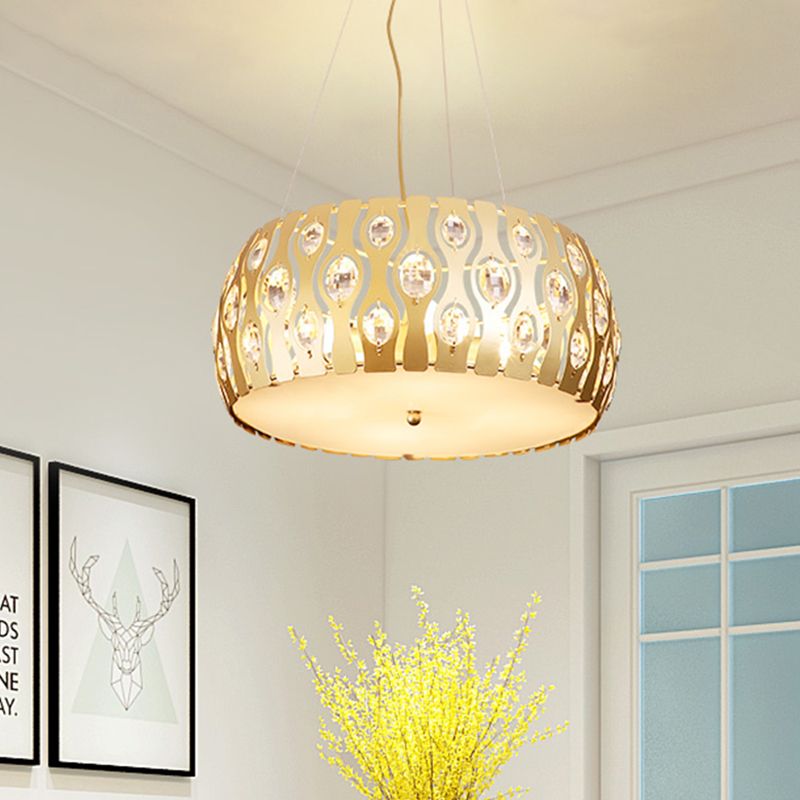 Metal Drum Hanging Chandelier Modern 3/4 Lights 15"/19" Width Gold Ceiling Lamp with Crystal Accent