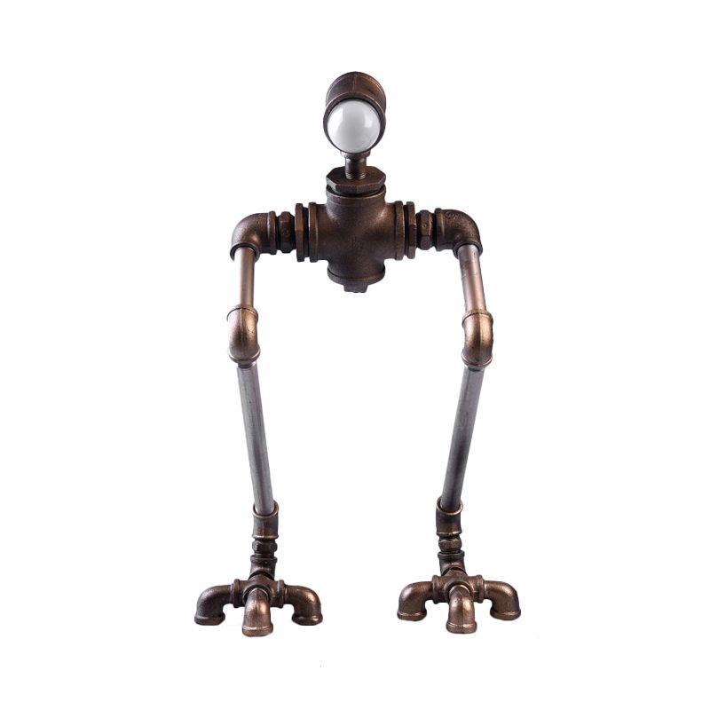 1-Light Iron Nightstand Lamp Steampunk Silver Long-Legged Pipe Man Bedside Table Light in Warm/White Light