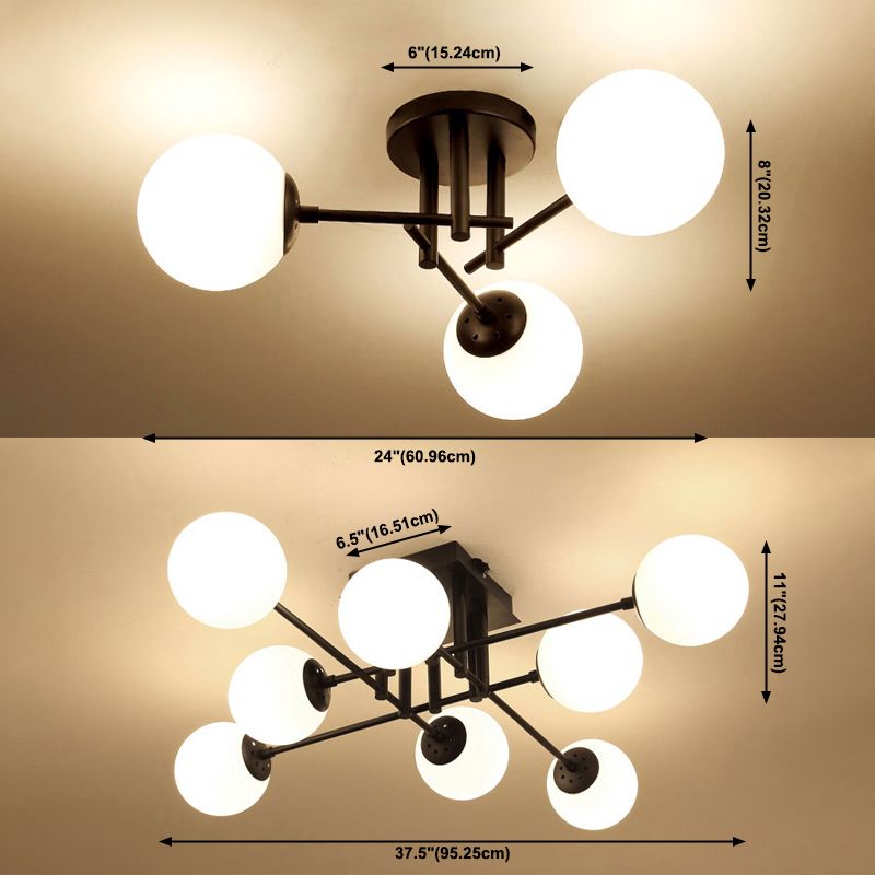 Modern Style Milk Glass Semi Flush Ceiling Chandelier Fixtures Multi Lights Globe Semi Flush Light