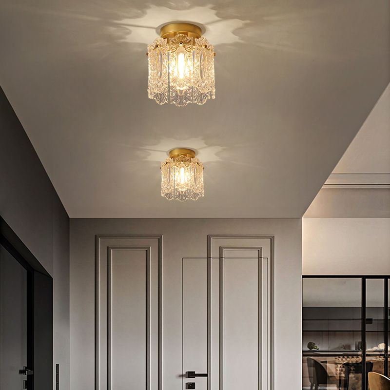 Drum Shape Flush Ceiling Lights Modern Style Glass 1 Light Flush Mount Fixture in Gold