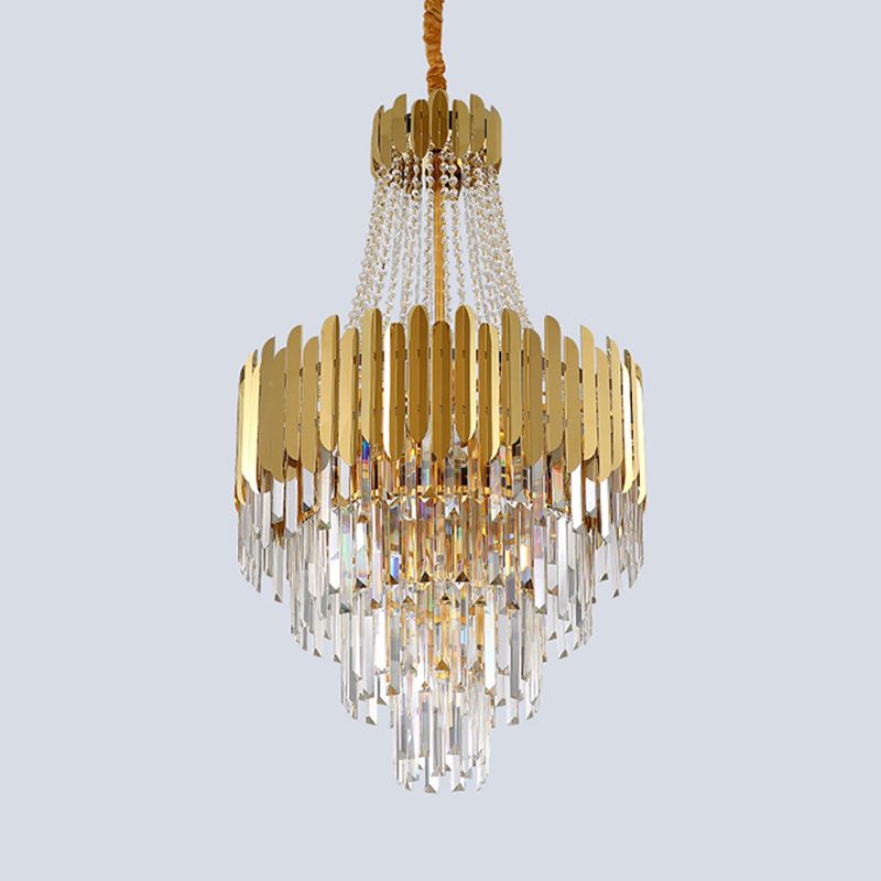 Simplicity Tiered Chandelier Lamp 10 Bulbs Clear Crystal Hanging Light Fixture in Gold with Cone Design