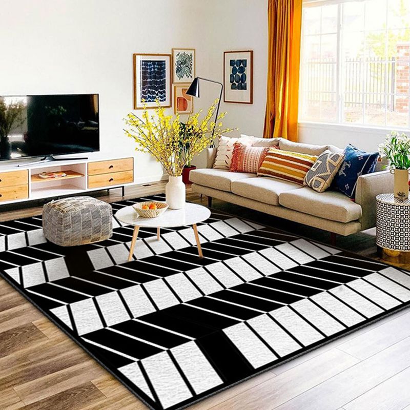 Black and White Lines Rug Living Room Carpet Polyester Washable Area Rug