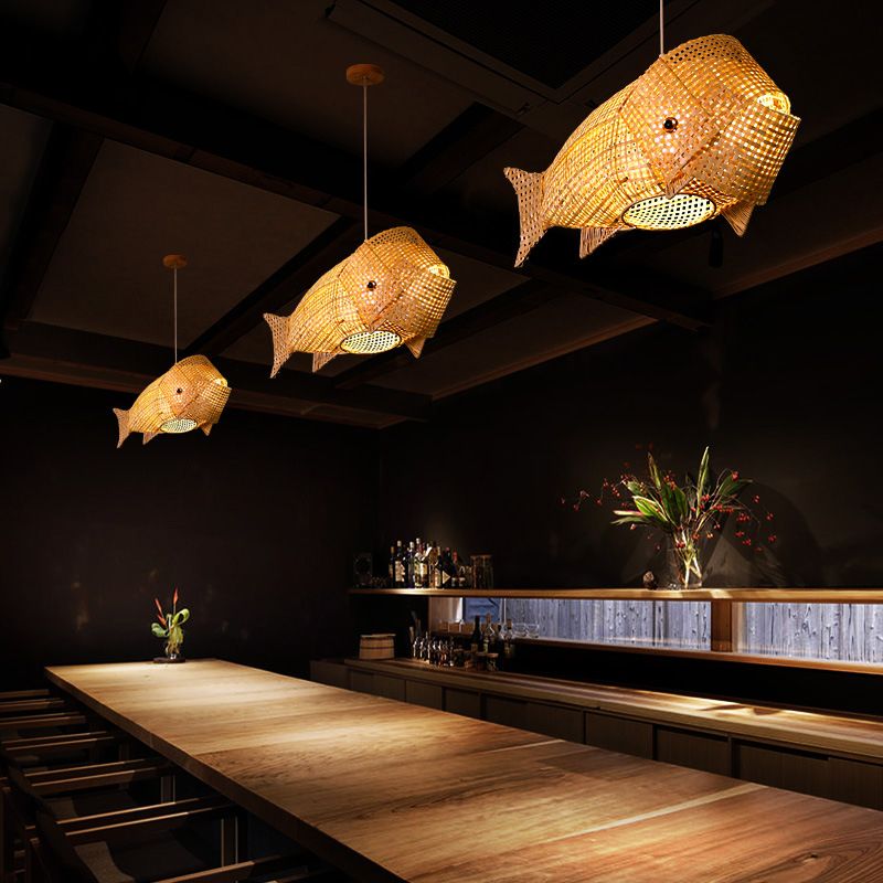 Bamboo Japanese Pendant Light Creative Fish 1-Light Hanging Ceiling Light