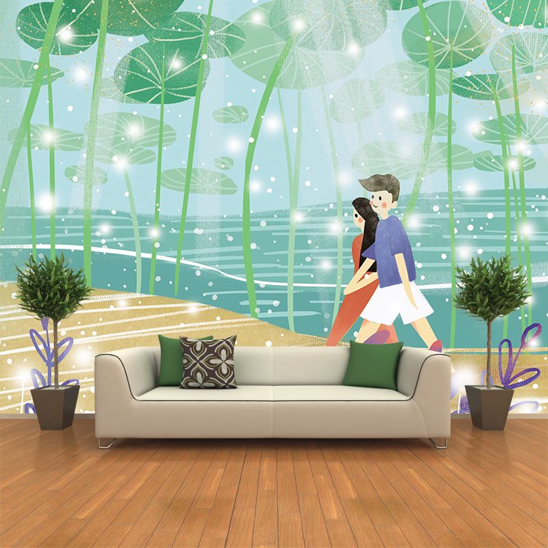 Lover Under Lotus Leaf Mural Childrens Art Smooth Wall Covering in Green, Non-Woven