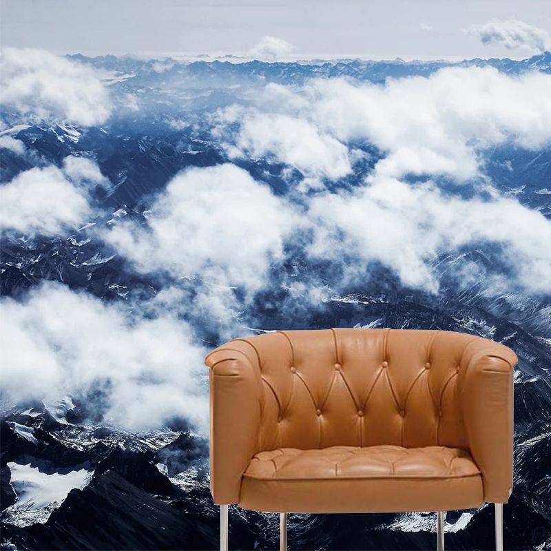 Smooth Large White Mural Modern Cloudy Mountain View from Sky Wall Covering, Custom-Made
