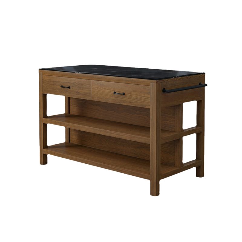Brown Rectangular Kitchen Island Table with Solid Wood Open Storage