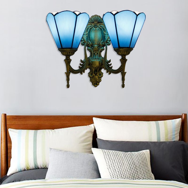 Blue Glass Cone Wall Sconce Lighting Traditional Double Wall Mount Light for Dining Room